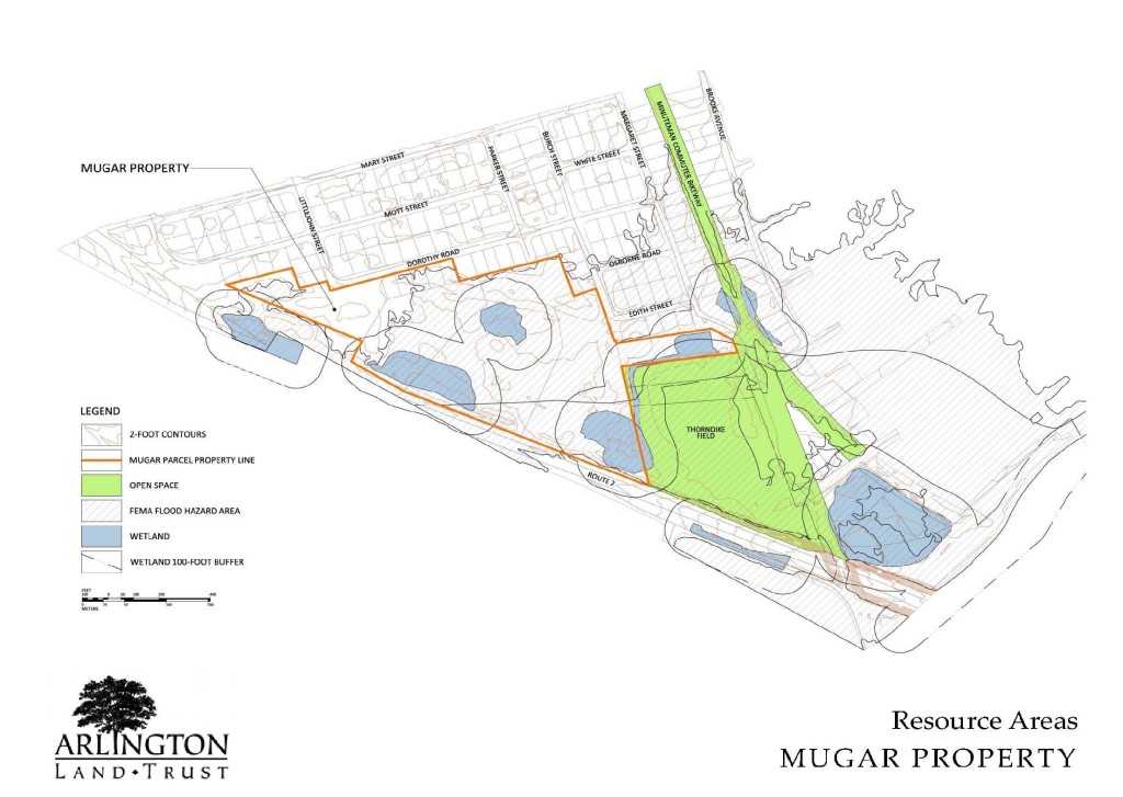 The Resource Plan for the Mugar site, outlined in black, showing the locations of wetlands and the Thorndike recreational field. / Coalition to Save the Mugar Wetlands