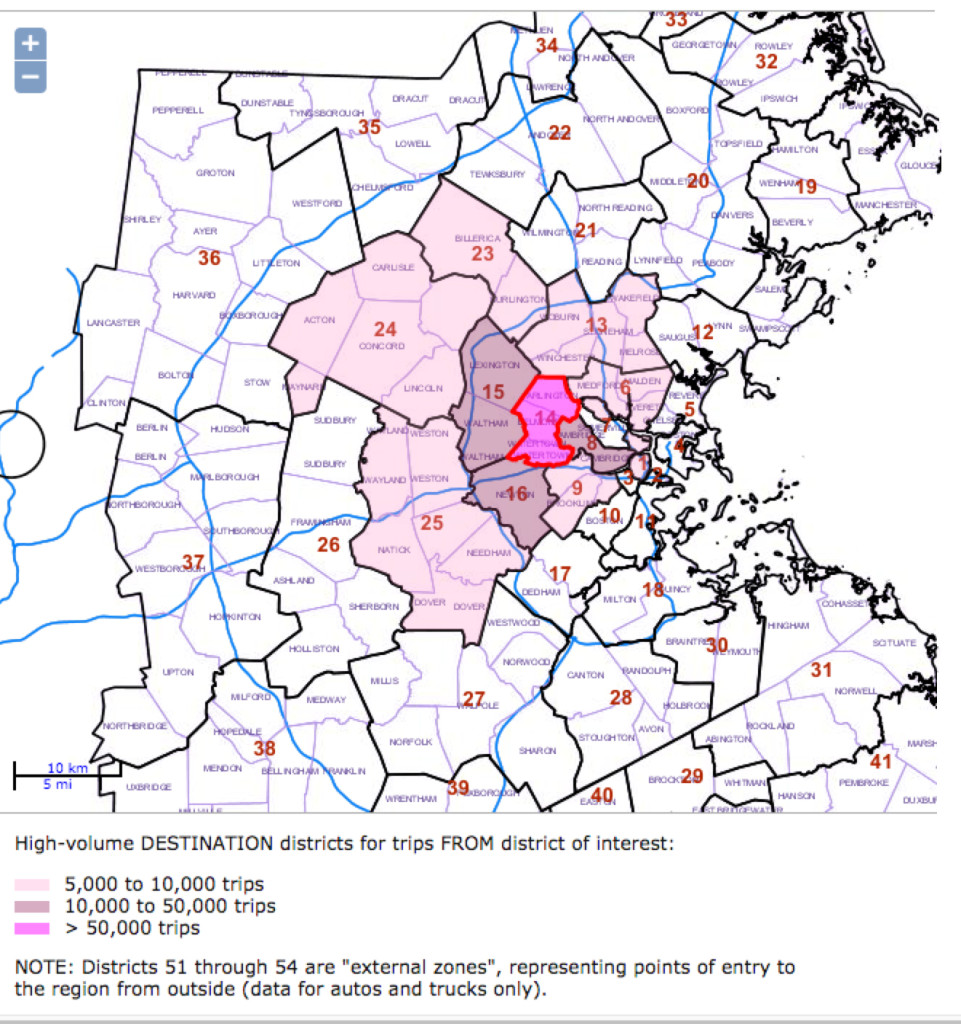 Destinations of vehicles leaving Belmont, Arlington, and Watertown./CTPS