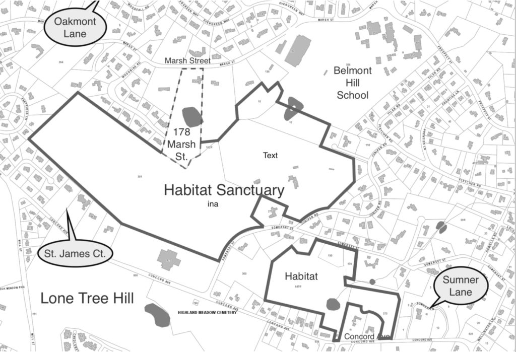 Map 1. The dotted line (left center) bordering on Habitat represents the property where the owner proposes building anew road. Oakmont Lane, St. James Court, and Sumner Lane are other recently built roads on Belmont Hill.