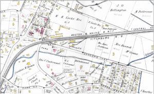 Map of the Fitchburg and Massachusetts Central Railroad lines crossing Belmont from the 1900 Atlas of Middlesex County. The Belmont Center Railroad bridge on Leonard Street was built in 1907. Graphic courtesy of Vincent Stanton, Jr.