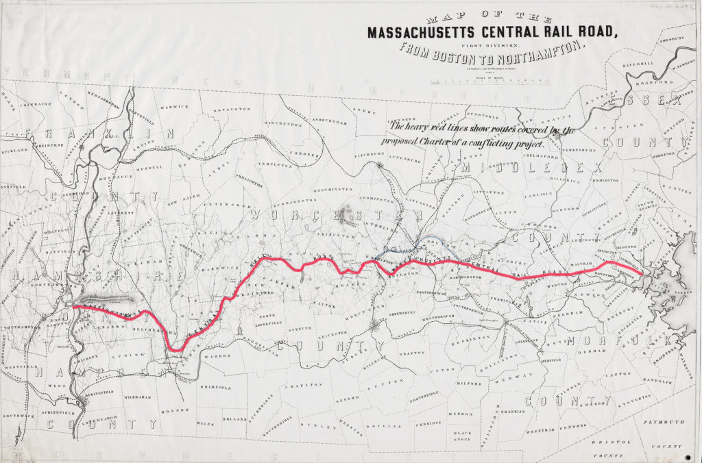 The proposed route of the Massachusetts Central Railroad from 1871. Map: Massachusetts State Archives.