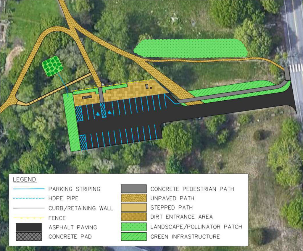 A plan for a new Rock Meadow parking lot and entrance paths by Evergreen Engineering.