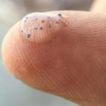 Microplastic particles on human fingertip.