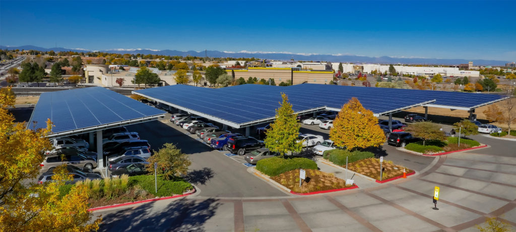 Parking lot with solar canopies