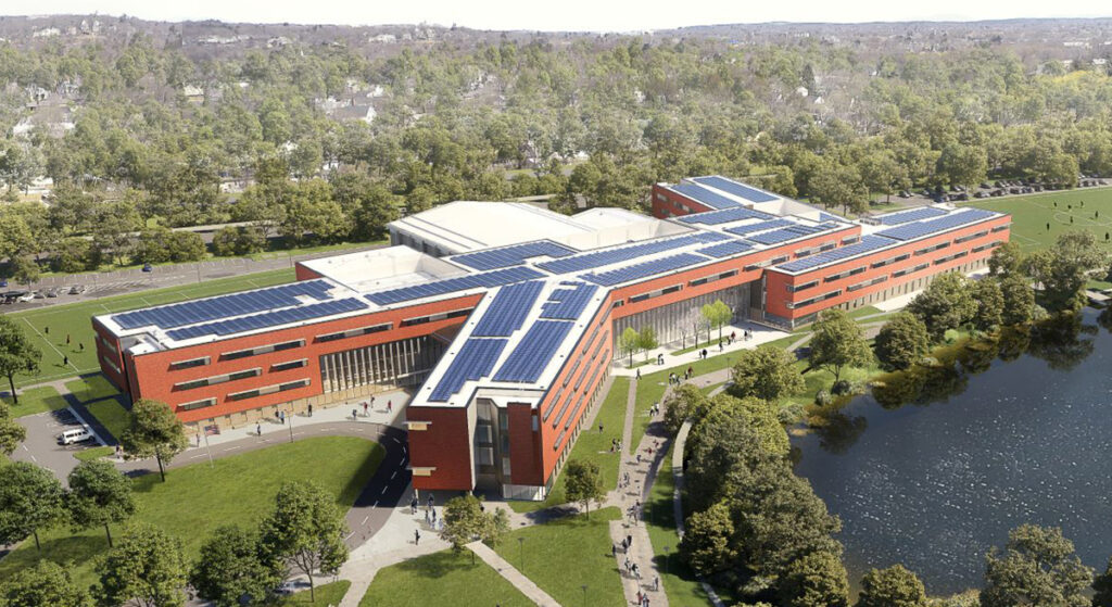 Belmont Middle and High School roof depicted with solar panels
