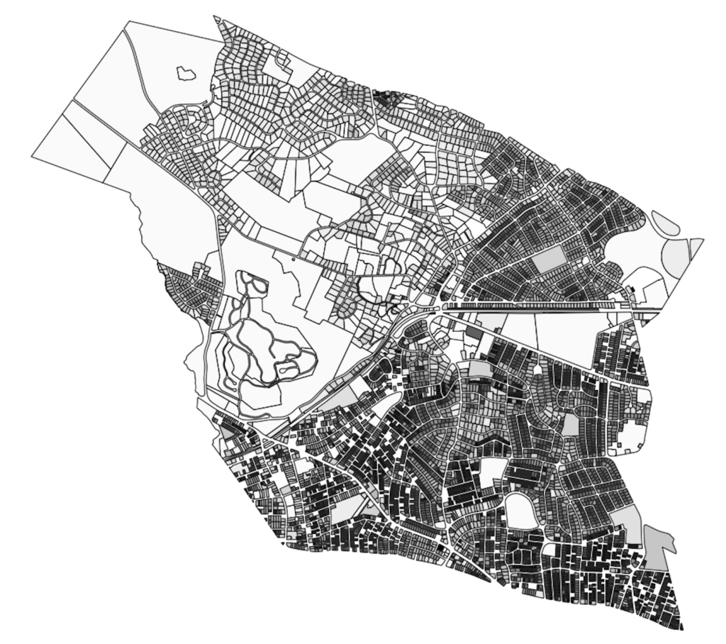 Assessed land value per square foot for each parcel in Belmont (darker shading indicates higher value).  Source: Belmont Real Estate Database (belmont.jfryan.net/) and Mass GIS Data Hub (bit.ly/BCF-GIS).