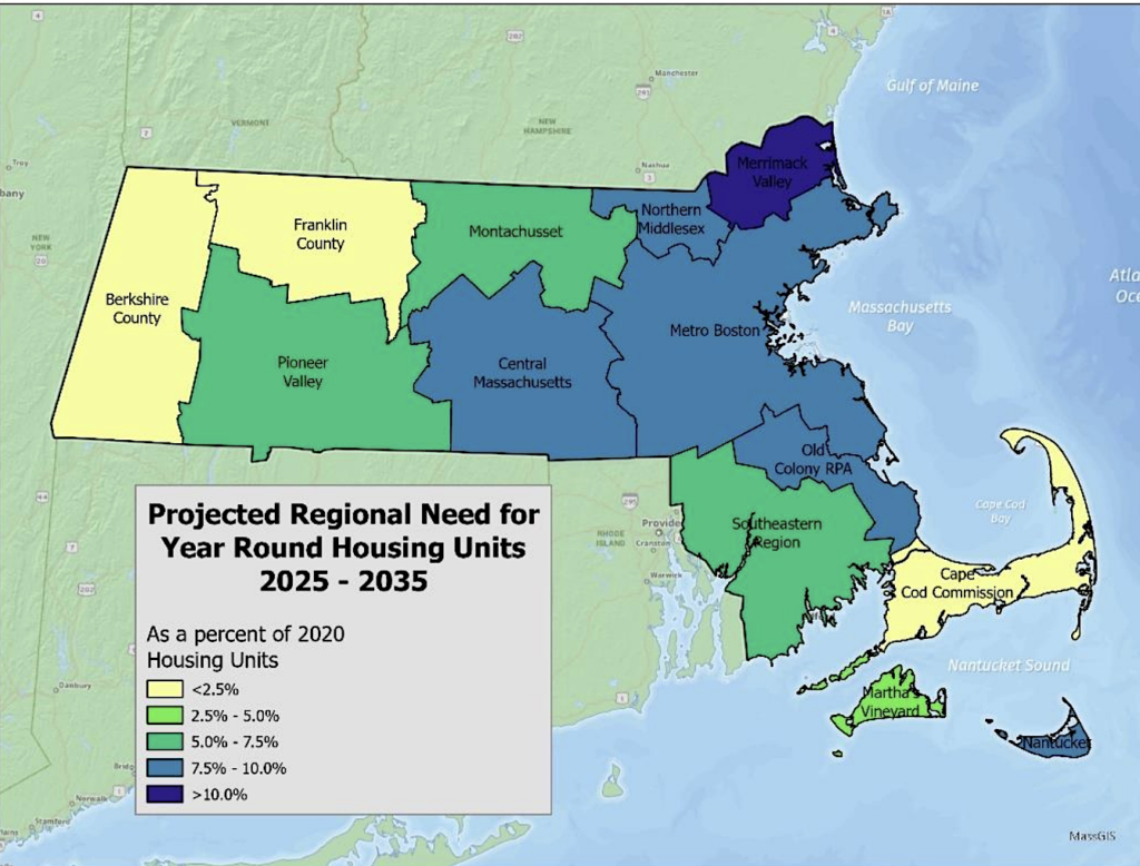 Map of Massachusetts showing projected need for more housing units by region